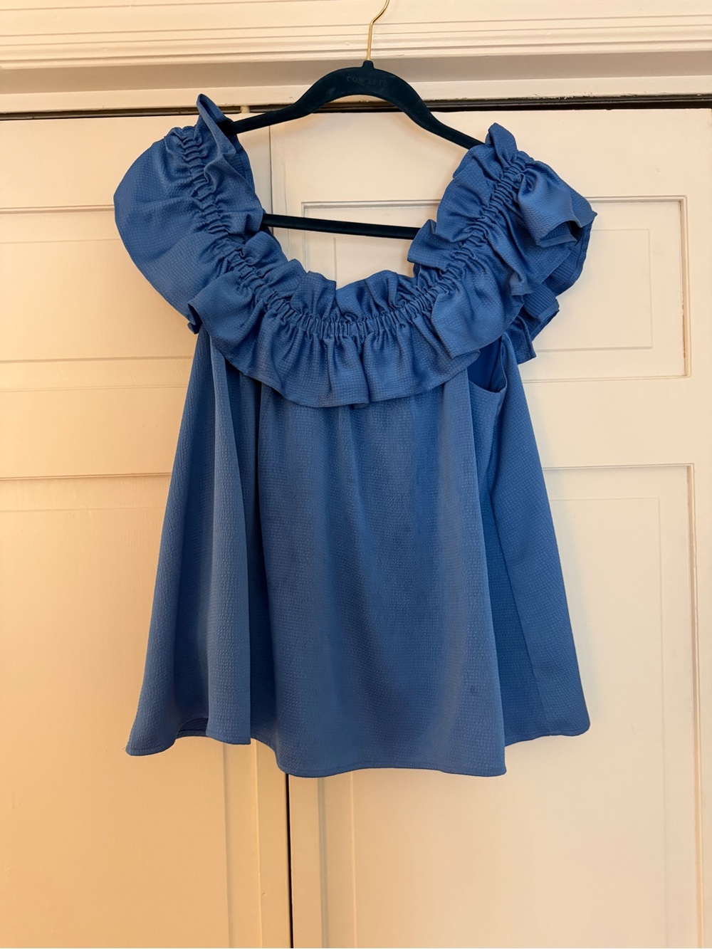 CROSBY by Mollie Burch Blue Ruffle-Trim Off-Shoulder Top